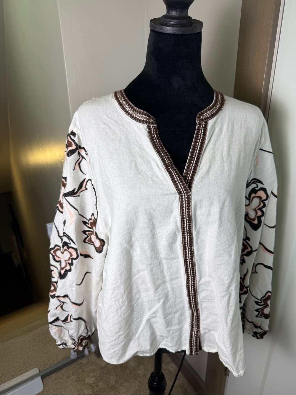 Calypso St. Barths White Brown Floral Embroidered Cotton Flax Tunic Top‎ Blouse